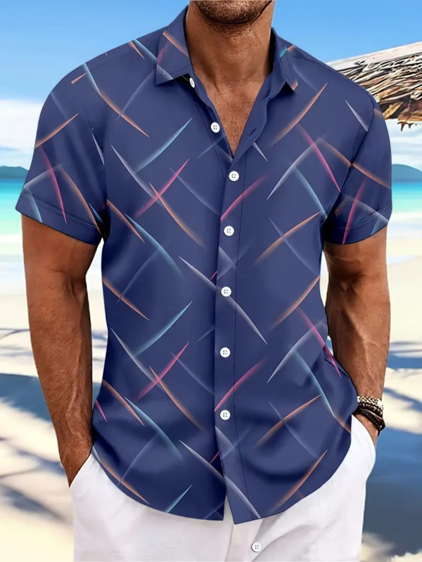 Men's: Striped Feather Casual Beach Short Sleeve Shirt - Image 4