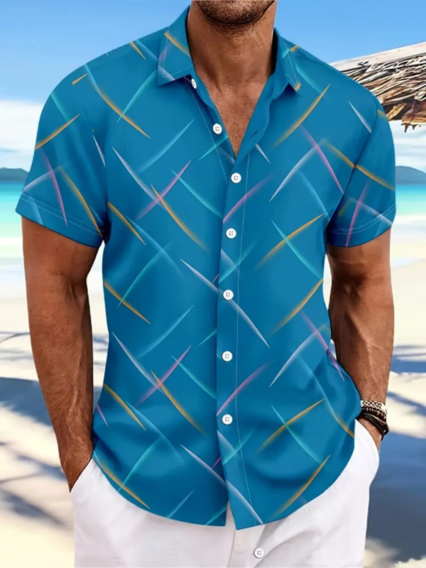 Men's: Striped Feather Casual Beach Short Sleeve Shirt - Image 5