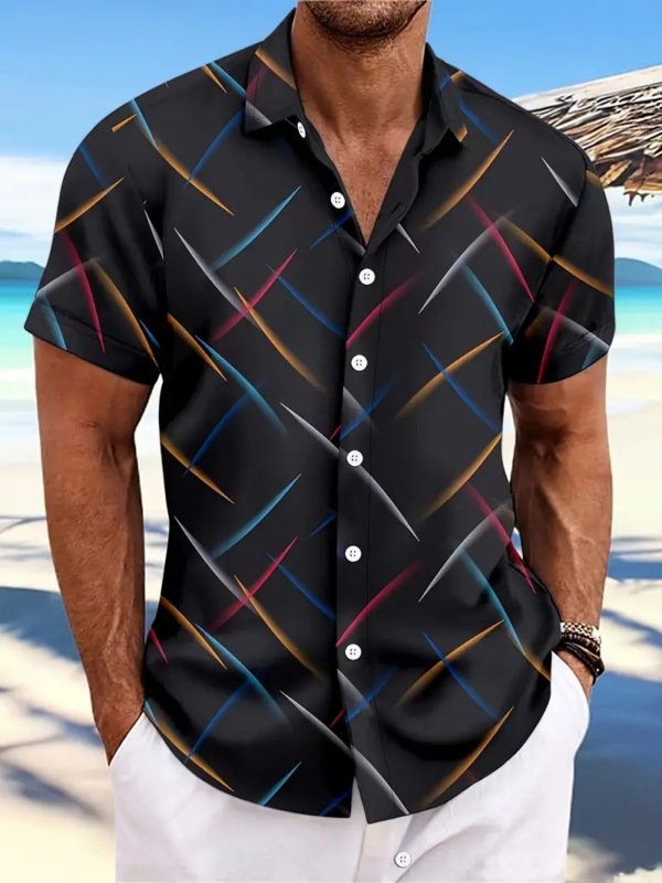 Men's: Striped Feather Casual Beach Short Sleeve Shirt - Image 6