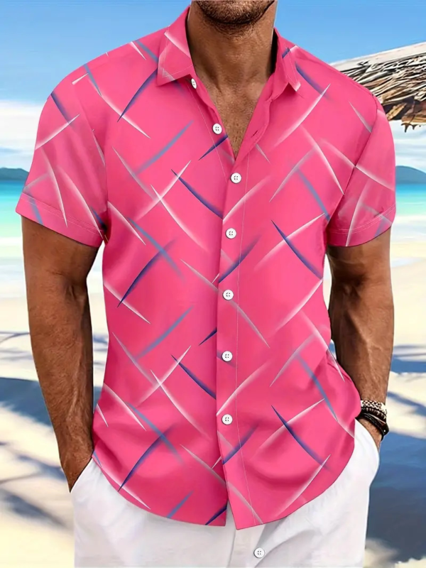 Men's: Striped Feather Casual Beach Short Sleeve Shirt