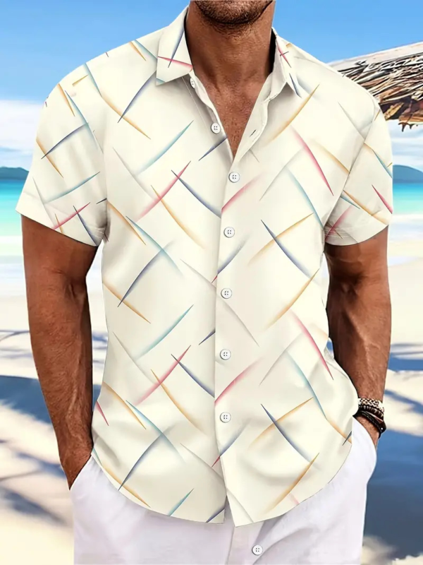 Men's: Striped Feather Casual Beach Short Sleeve Shirt - Image 2