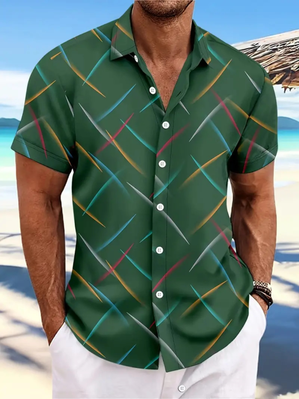 Men's: Striped Feather Casual Beach Short Sleeve Shirt - Image 3